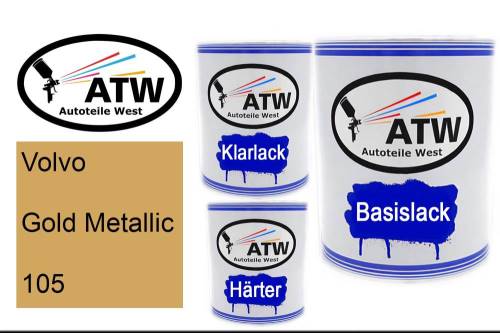 Volvo, Gold Metallic, 105: 1L Lackdose + 1L Klarlack + 500ml Härter - Set, von ATW Autoteile West.